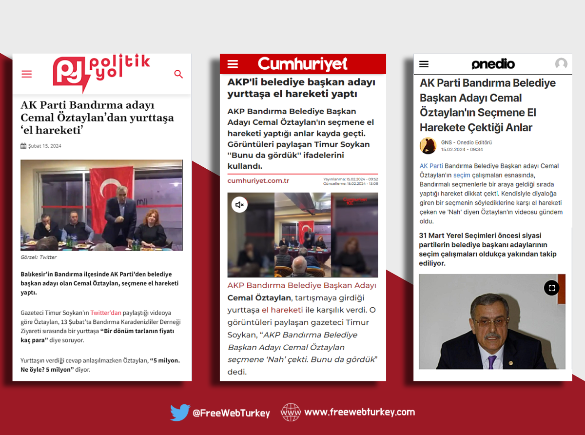 AKP Balıkesir Bandırma Belediye Başkan Adayı Cemal Öztaylan'ın bir yurttaşa el hareketi çekmesiyle ilgili haberlere erişim engeli